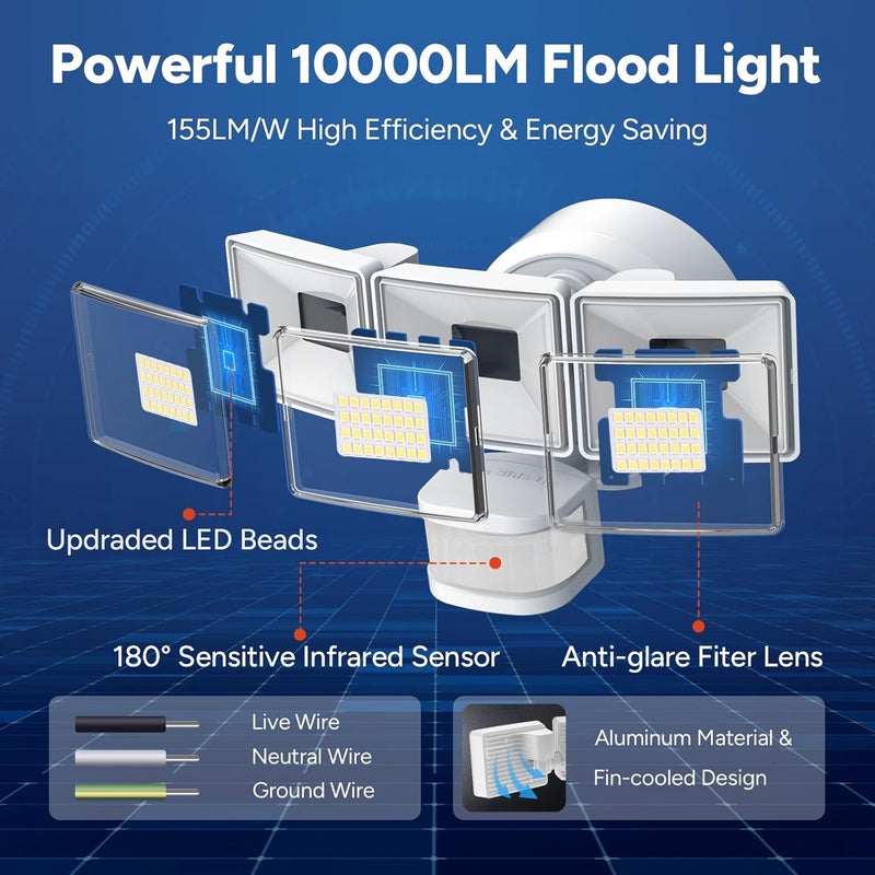 OREiN 10000LM Super Bright LED Flood Light Outdoor, Hardwired Motion Sensor Floodlight, 180°/75FT Detection, 4 Lighting Modes, IP65 Waterproof, Covers 8,000 sq.ft, Patio, Driveway, Backyard, Garage - Image 3